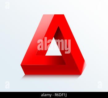 Digital image of Escher style red triangular impossible optical illusion on a white background Stock Photo