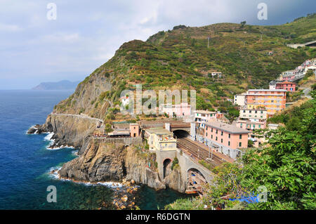 View Over The Train Station In Riomaggiore, Liguria, Cinque Terre, Italy, Europe Stock Photo