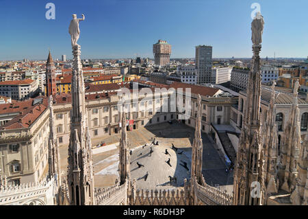View Of Milan Skyline Spires And Statues From The Top Of Milan Cathedral, Italy Stock Photo