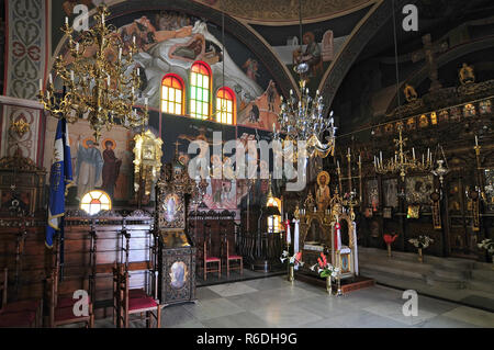 Interior Of The Church Of Agia Irini In Oia Town On The Santorini Island, Greece Oia Is A Small Town On The Islands Of Thira (Santorini) And Therasia, Stock Photo
