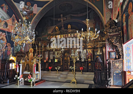 Interior Of The Church Of Agia Irini In Oia Town On The Santorini Island, Greece Oia Is A Small Town On The Islands Of Thira (Santorini) And Therasia, Stock Photo