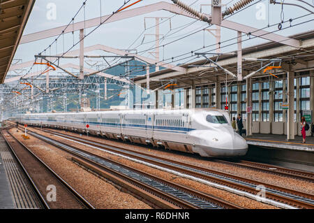 Shinkansen Train Pulls Into Shin Osaka Station, Japan Stock Photo