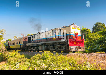 An Extremely Slow Myanmar Rail Passenger Train Near Inle Lake In Shan State, Myanmar Stock Photo