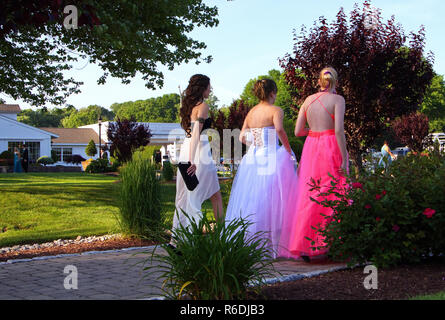 Plainville, CT USA. June 2013. High School Seniors in formal gowns heading indoors for that traditional promenade dance and more. Stock Photo