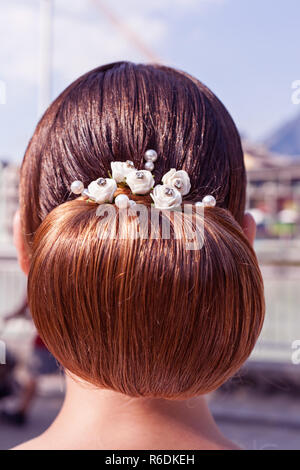 Back View Of A Female Blond Head With A Braided Bridesmaid Stock Photo