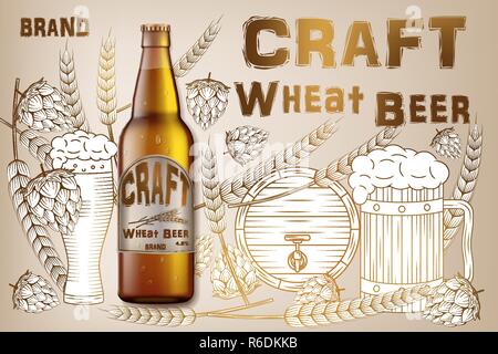 Craft wheat beer ads design. Realistic malt bottle beer isolated on retro background with ingredients wheats, hops and barrel. Vector 3d illustration Stock Vector