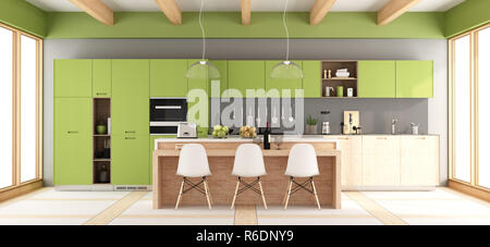 Green and gray modern kitchen Stock Photo