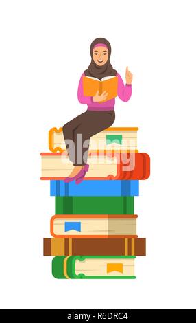 Young arab woman teacher reads open book sitting on stack of giant books. School education concept. Vector cartoon illustration. Clever expert shares  Stock Vector