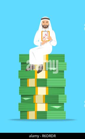 Arab businessman in traditional clothes sitting on a top of stack of paper money and showing a graph of income growth. Financial success concept. Vect Stock Vector