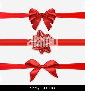 Red Christmas ribbon bow collection, realistic holiday gift box fabric wrapping on isolated background. Stock Vector