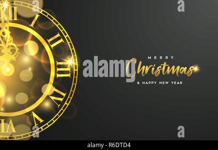 Christmas and New Year luxury golden web banner illustration, clock marking midnight time on black background. Stock Vector