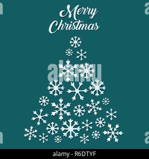 White snowflake Christmas tree on green background Stock Vector