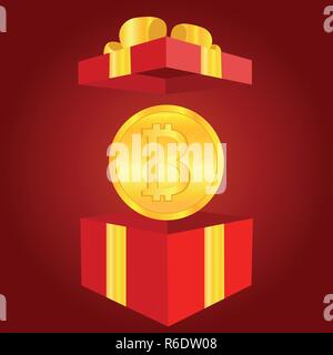 Golden shiny coin with bitcoin symbol, red gift box. Cryptocurrency concept. Graphic design for sticker, mobile app or website vector Stock Vector