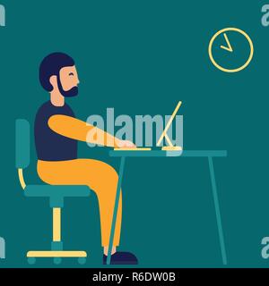 Business Man Sitting Desk Work Laptop Computer Flat Vector Stock Vector