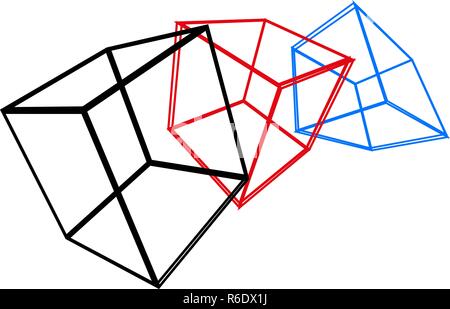 Three wireframed cubes on white background - Vector Stock Vector