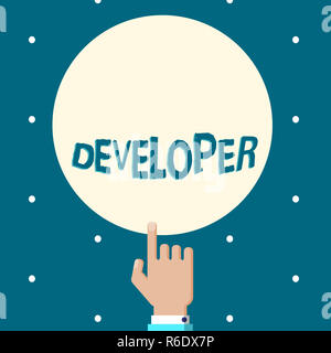 Word writing text Developer. Business concept for demonstrating or thing that develops grows or matures something Male Hu analysis Hand Pointing up In Stock Photo