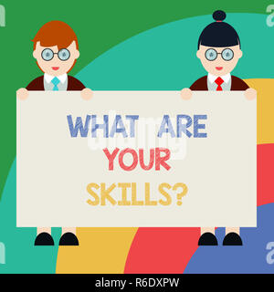Conceptual hand writing showing What Are Your Skillsquestion. Business photo text Tell us your abilities knowledge experience Male and Female in Unifo Stock Photo