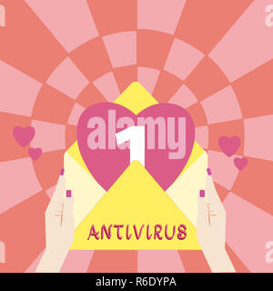 Handwriting text Antivirus. Concept meaning software designed to detect and destroy computer viruses Female Hu analysis Hand Holding an Open Envelope  Stock Photo