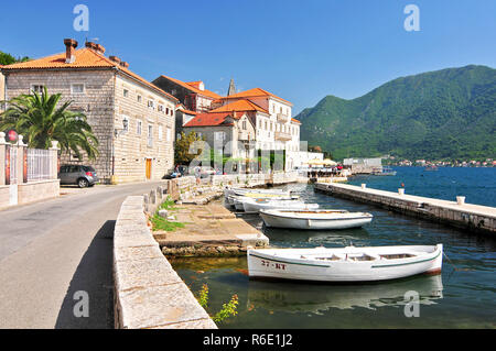 Fishing Boats Float Moored In Perast Town Kotor Bay Montenegro Stock Photo