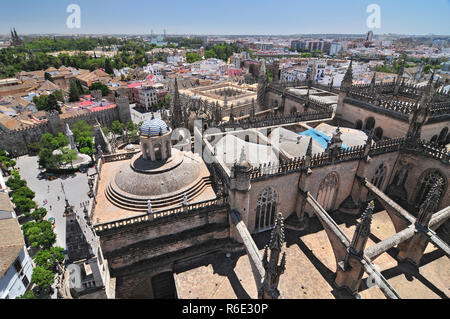 View From The Top Of The Giralda Tower Over The Cathedral, The Plaza Del Triunfo And The Alcazar, Seville, Andalucia, Spain Stock Photo