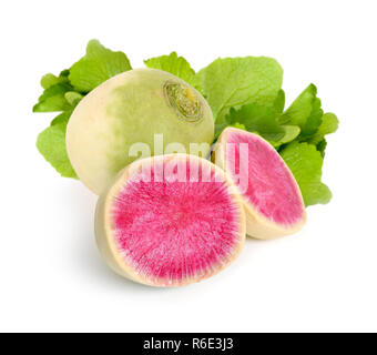 Whole and Sliced Watermelon radish isolated on white bacground Stock Photo