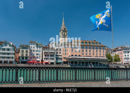 Old Town Of Zurich With St Peter Church Clock Tower Along Limmat River, Switzerland Stock Photo