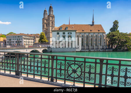 The Grossmunster (Great Minster) Romanesque Style Protestant Church In Zurich, Switzerland Stock Photo