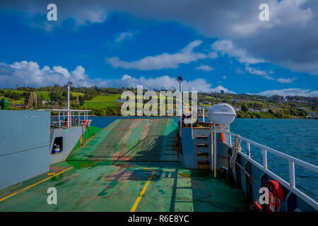 CHILOE, CHILE - SEPTEMBER, 27, 2018: Beautiful view of inside of the ferry on board in gorgeous beautiful day in Lemuy Island of Chiloe Stock Photo