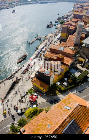 Porto, Portugal - September 16, 2018 : On the banks of the Douro River of Invicta, the Rabelo boats, docked at Ribeira dock Porto, Portugal Stock Photo