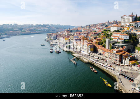 Porto, Portugal - September 16, 2018 : On the banks of the Douro River of Invicta, the Rabelo boats, docked at Ribeira dock Porto, Portugal Stock Photo