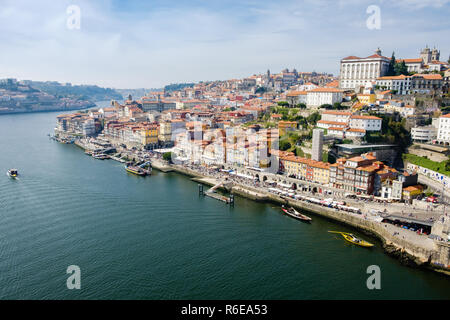 Porto, Portugal - September 16, 2018 : On the banks of the Douro River of Invicta, the Rabelo boats, docked at Ribeira dock Porto, Portugal Stock Photo