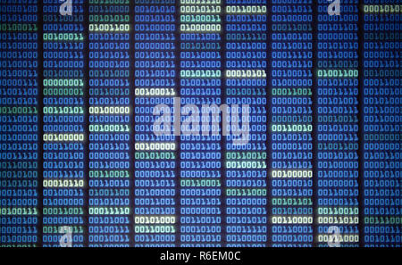 binary code on display screen. white blue light green colors number one and zero lined in rows on computer monitor. cyber data connection and security Stock Photo