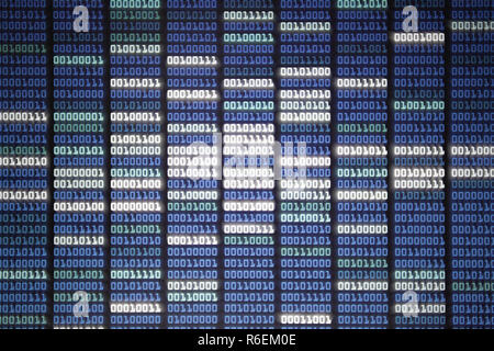 binary code on display screen. white blue light green colors number one and zero lined in rows on computer monitor. cyber data connection and security Stock Photo