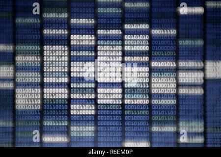 binary code on display screen. white blue light green colors number one and zero lined in rows on computer monitor. cyber data connection and security Stock Photo