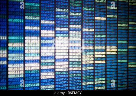 binary code on display screen. white blue light green colors number one and zero lined in rows on computer monitor. cyber data connection and security Stock Photo