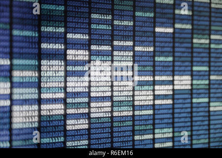 binary code on display screen. white blue light green colors number one and zero lined in rows on computer monitor. cyber data connection and security Stock Photo