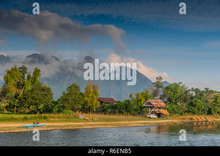 Mountain View Along The Nam Song River In Vang Vieng, Laos Stock Photo