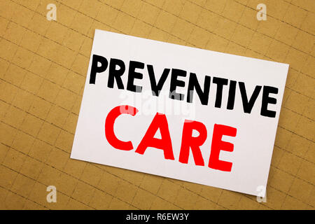 Conceptual hand writing text caption inspiration showing Preventive Care. Business concept for Health Medicine Care Written on sticky note yellow background. Stock Photo