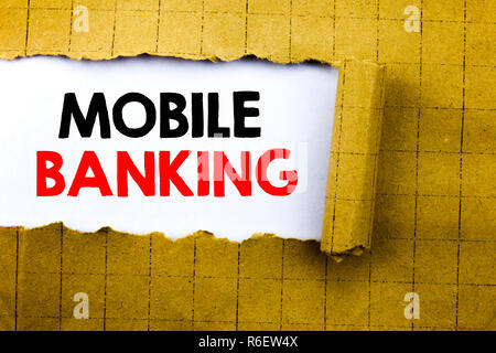 Word, writing Mobile Banking. Business concept for Internet Banking e-bank written on white paper on the yellow folded paper. Stock Photo