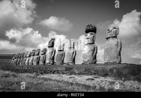 Moais statues, ahu Tongariki, easter island. Black and white picture Stock Photo