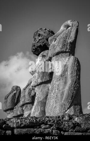 Moais statues, ahu Tongariki, easter island. Black and white picture Stock Photo