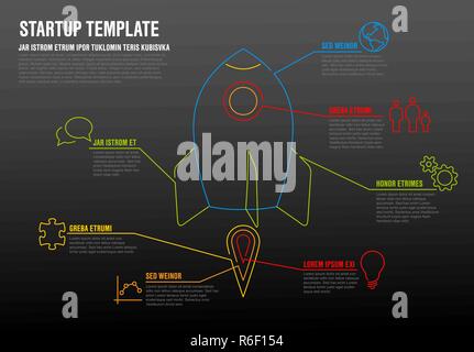 Thin line startup infographic template with space rocket - dark version Stock Vector