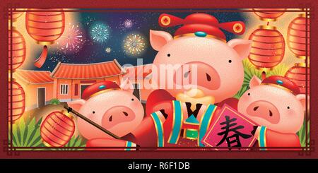 Lovely piggy characters holds gold ingot and lanterns celebrating lunar year, Spring word written in Chinese characters on spring couplets Stock Vector