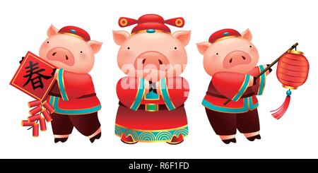 Lovely piggy characters holds lanterns, spring couplet and fire crackers for Chinese new year holiday, white background Stock Vector