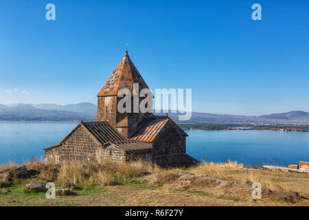 Scenic view of an old Sevanavank church in Sevan, on sunny day . Armenia