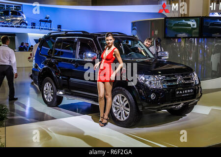 MOSCOW, RUSSIA - AUG 2012: MITSUBISHI PAJERO 4TH GENERATION presented as world premiere at the 16th MIAS (Moscow International Automobile Salon) on Au Stock Photo