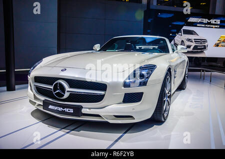 MOSCOW, RUSSIA - AUG 2012: MERCEDES-BENZ SLS AMG COUPE C197 presented as world premiere at the 16th MIAS (Moscow International Automobile Salon) on Au Stock Photo