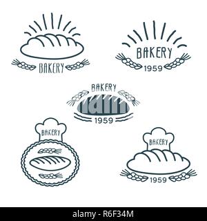 Bakery logos set with bread and spikelets emblems isolated vector illustration Stock Vector