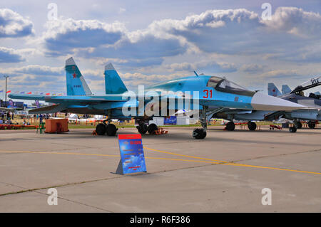 MOSCOW, RUSSIA - AUG 2015: strike fighter Su-34 Fullback presented at the 12th MAKS-2015 International Aviation and Space Show on August 28, 2015 in M Stock Photo