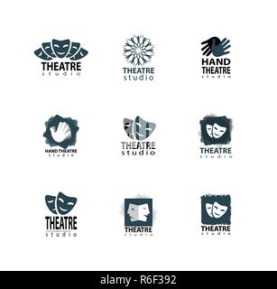 Set Of Theatre Studio Logo Design With Hand And Mask Stock Vector